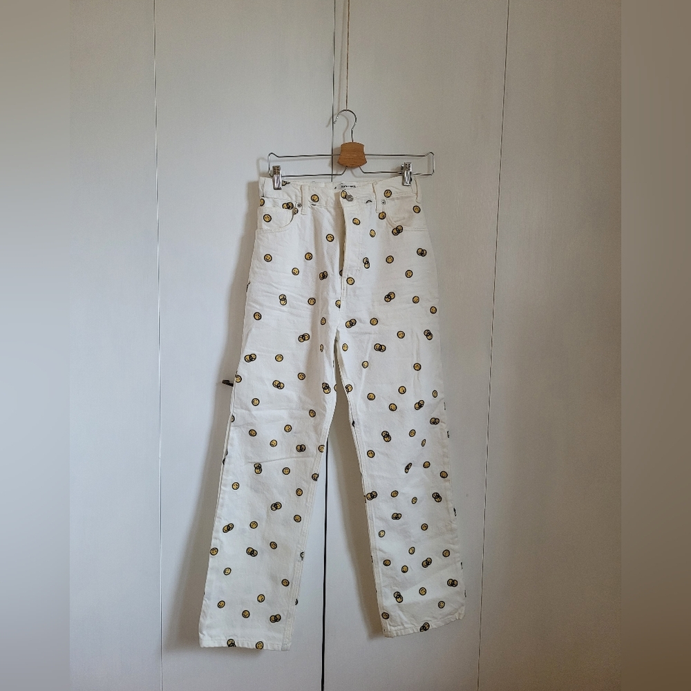 Reformation High Rise Jeans in White with Gold Accents